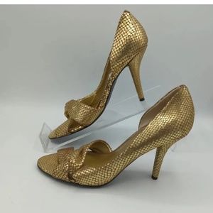 Nine West Women's Size 7 M Shoes  Gold Leather Slip On Peep Open Toe Career Heel